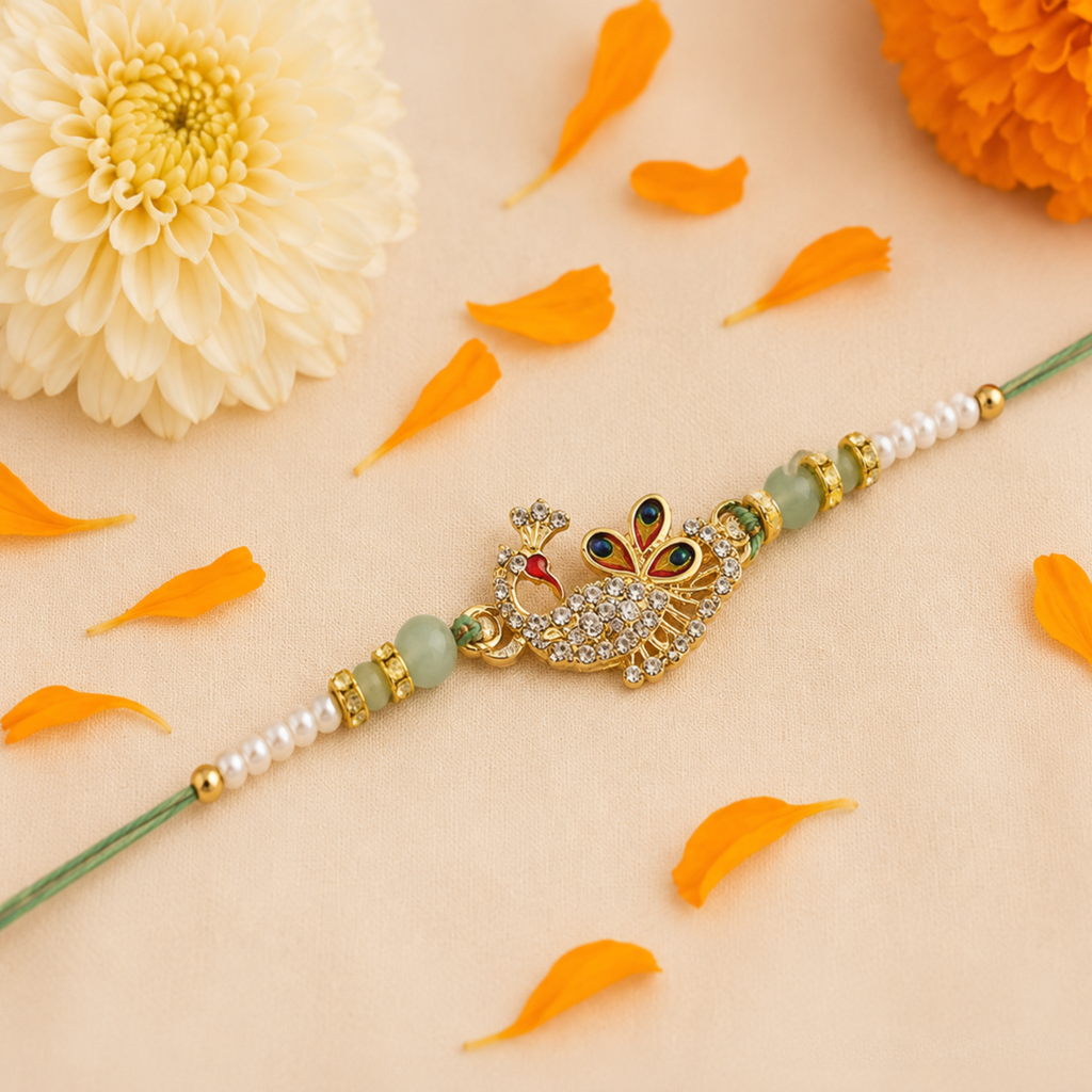 Royal Peacock CZ Designer Rakhi with Mint Beads