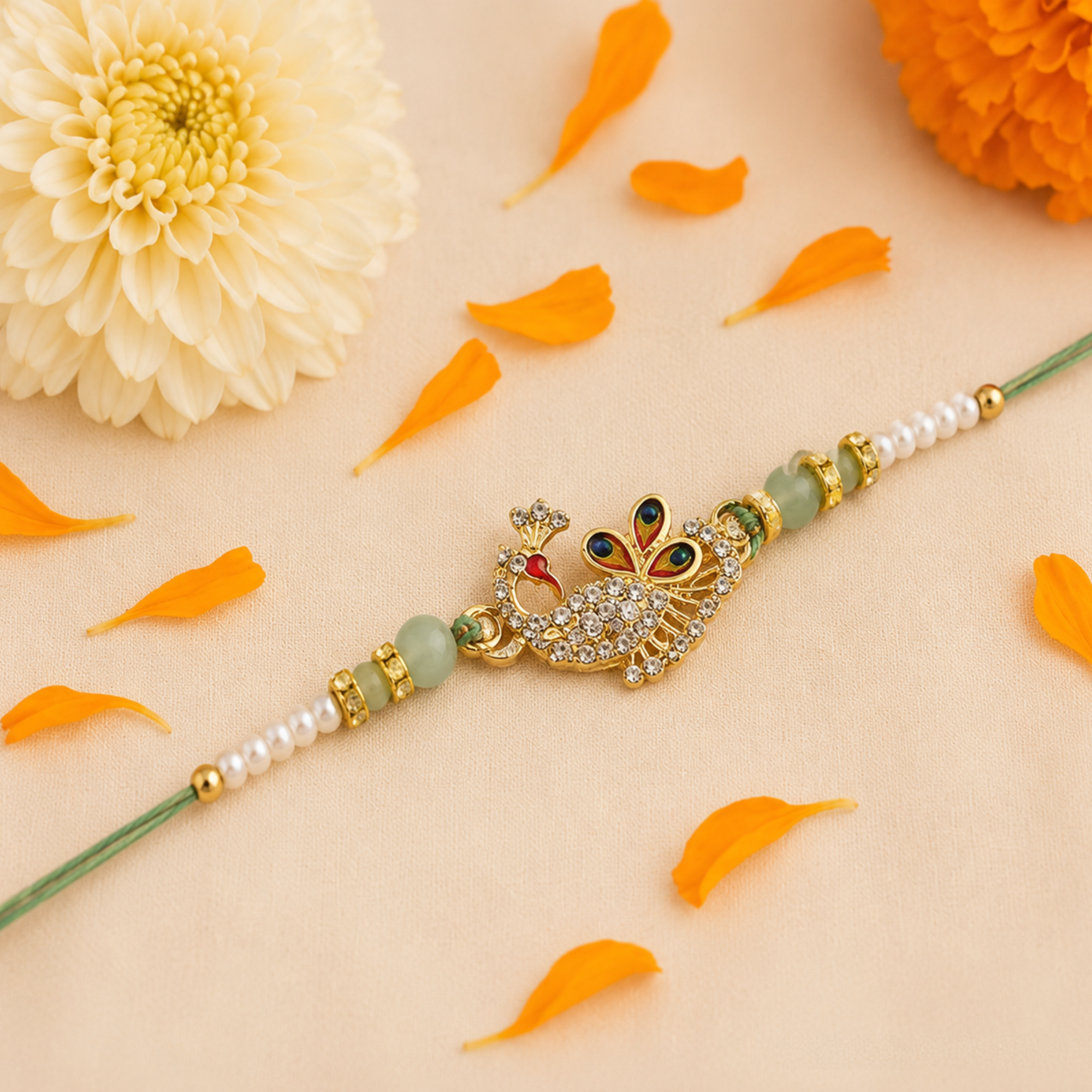 Royal Peacock CZ Designer Rakhi with Mint Beads