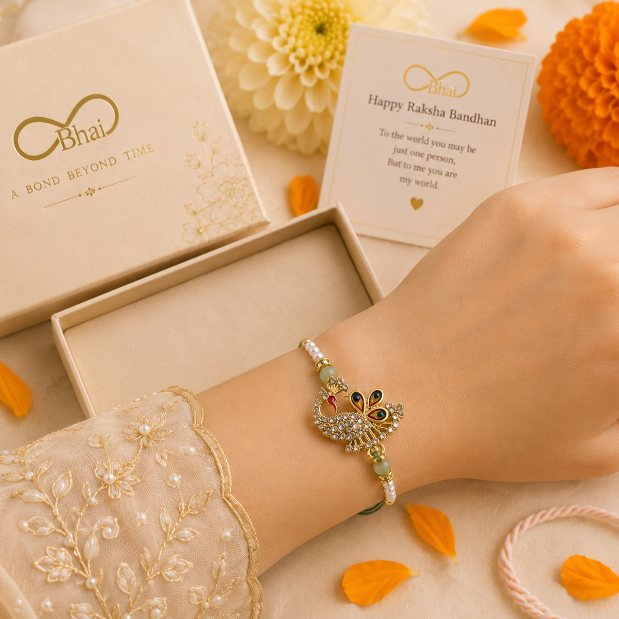 Royal Peacock CZ Designer Rakhi with Mint Beads