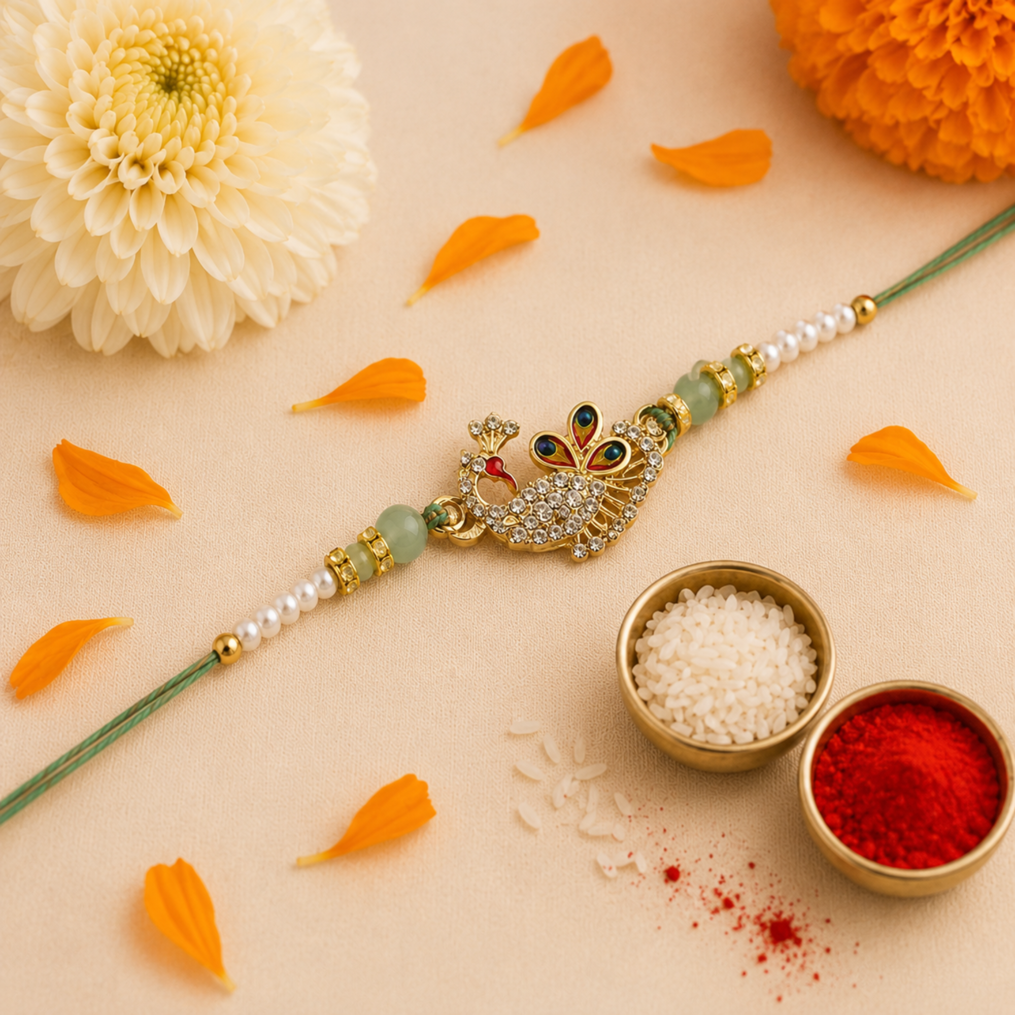 Royal Peacock CZ Designer Rakhi with Mint Beads