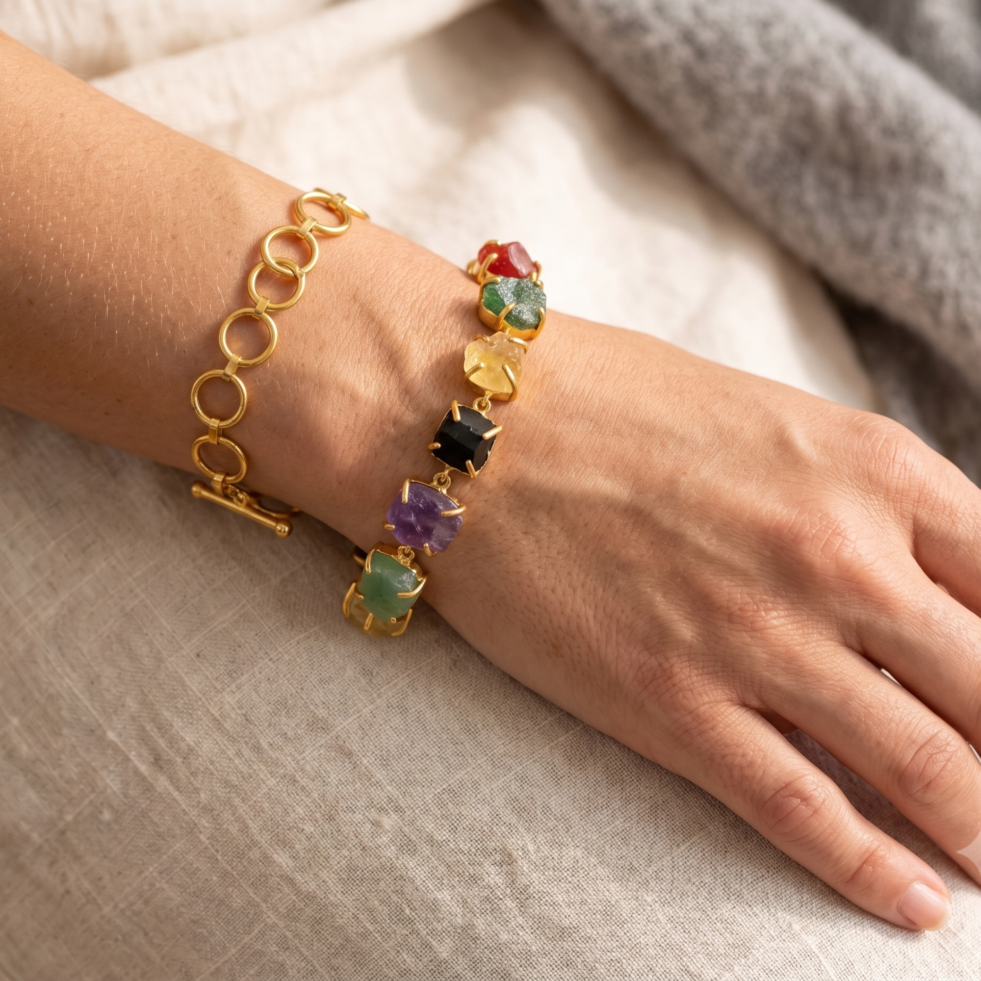 Multicolor Natural Gemstone Toggle Bracelet