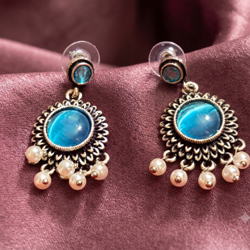 Blue Stone Pearl Drop Earrings