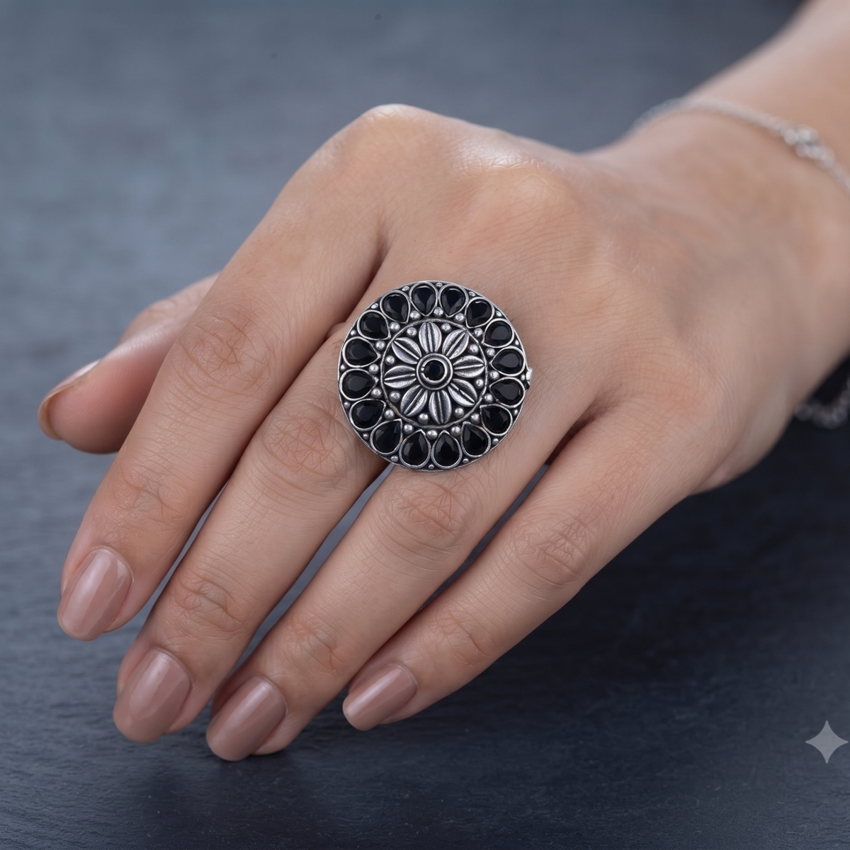 Oxidised Silver Black Stone Round Statement Ring