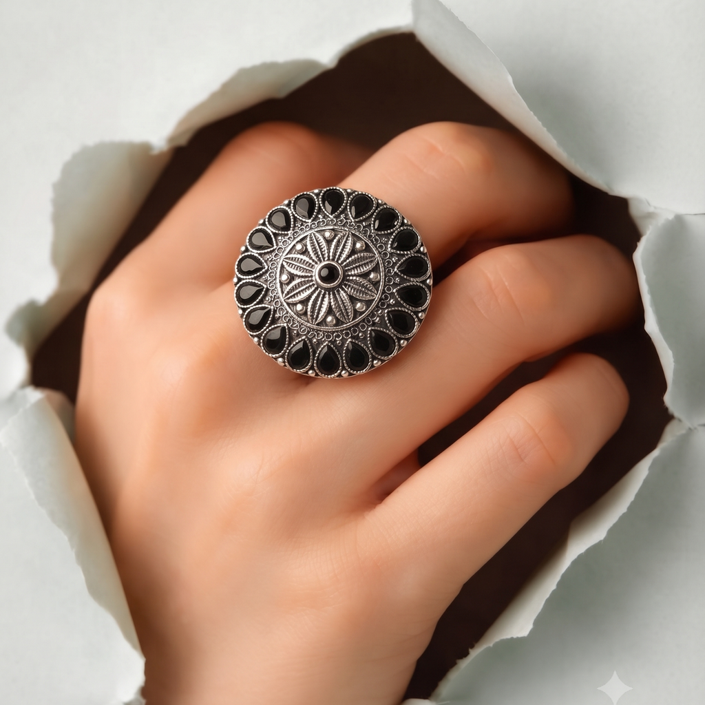 Oxidised Silver Black Stone Round Statement Ring