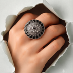Oxidised Silver Black Stone Round Statement Ring