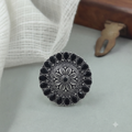 Oxidised Silver Black Stone Round Statement Ring