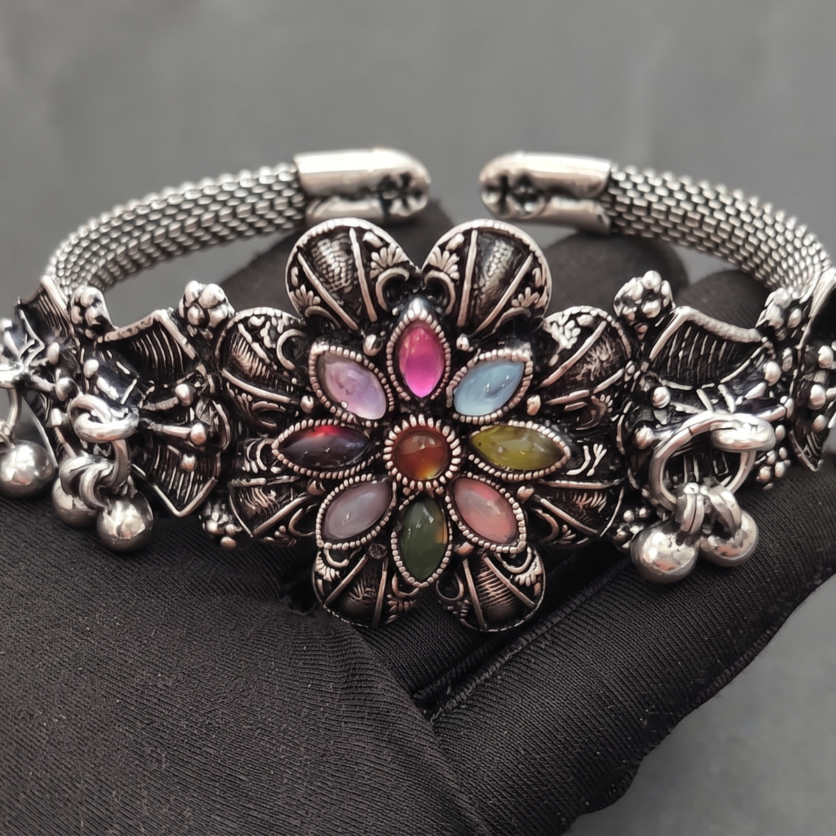Multicolor Stone Oxidised Silver Bracelet