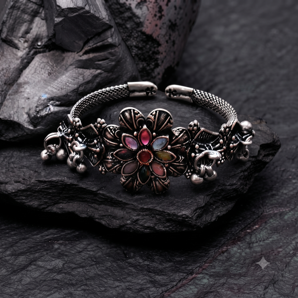 Multicolor Stone Oxidised Silver Bracelet