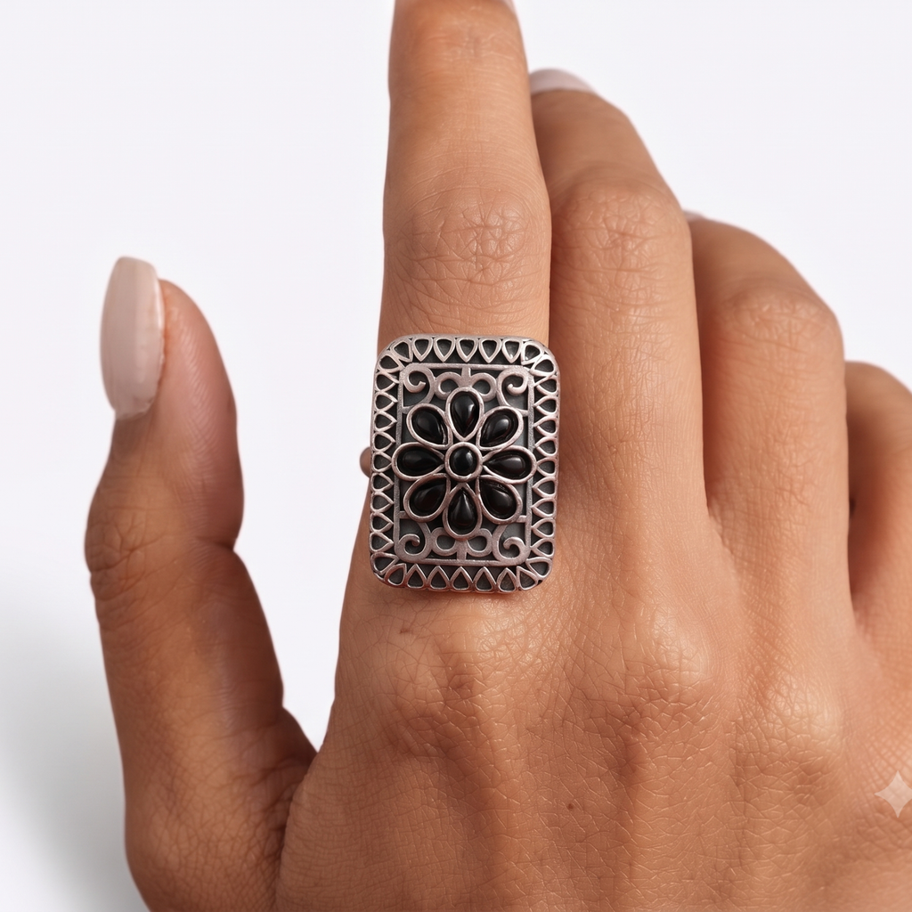 Oxidised Silver Floral Black Stone Statement Ring