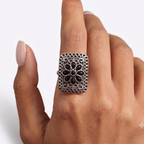 Oxidised Silver Floral Black Stone Statement Ring
