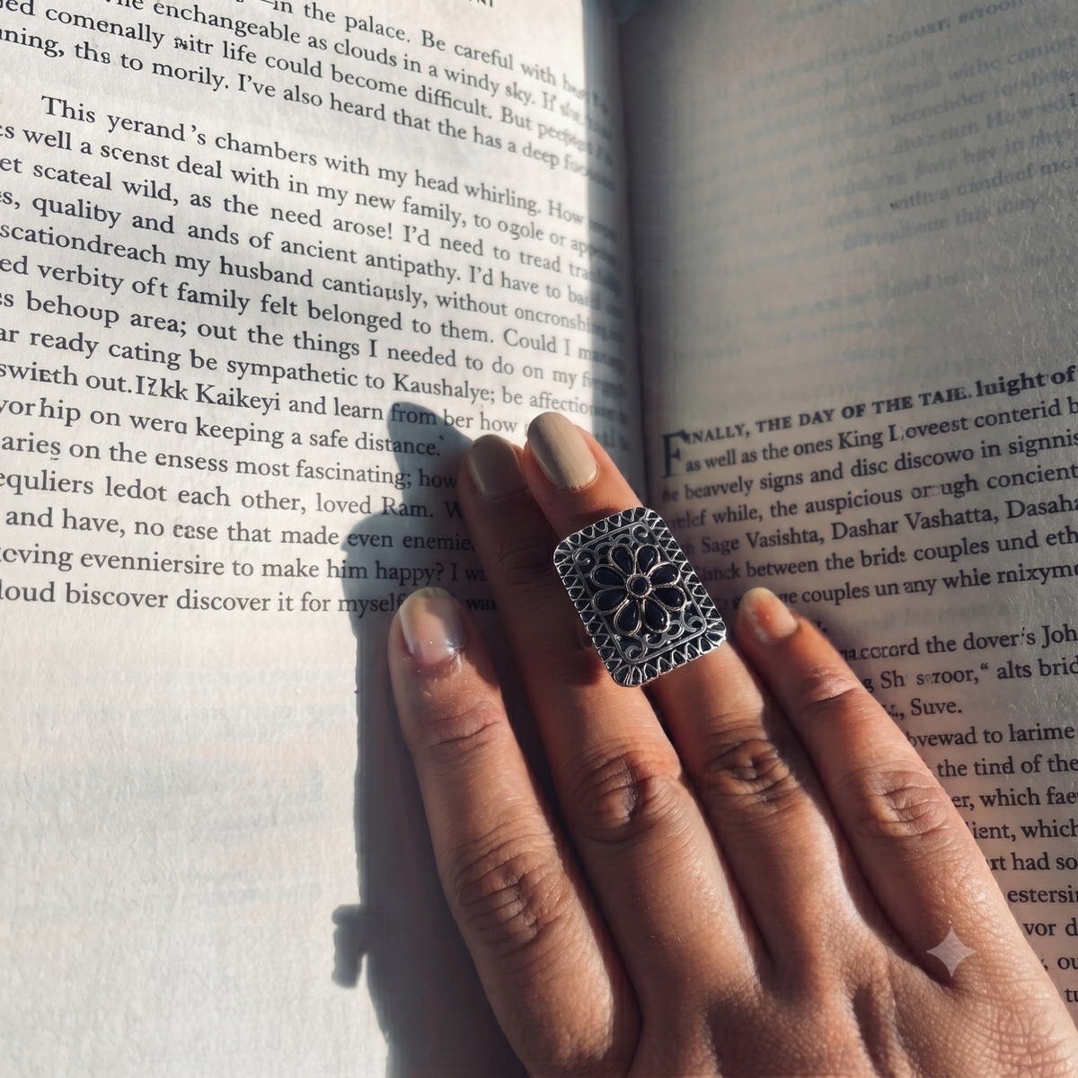 Oxidised Silver Floral Black Stone Statement Ring