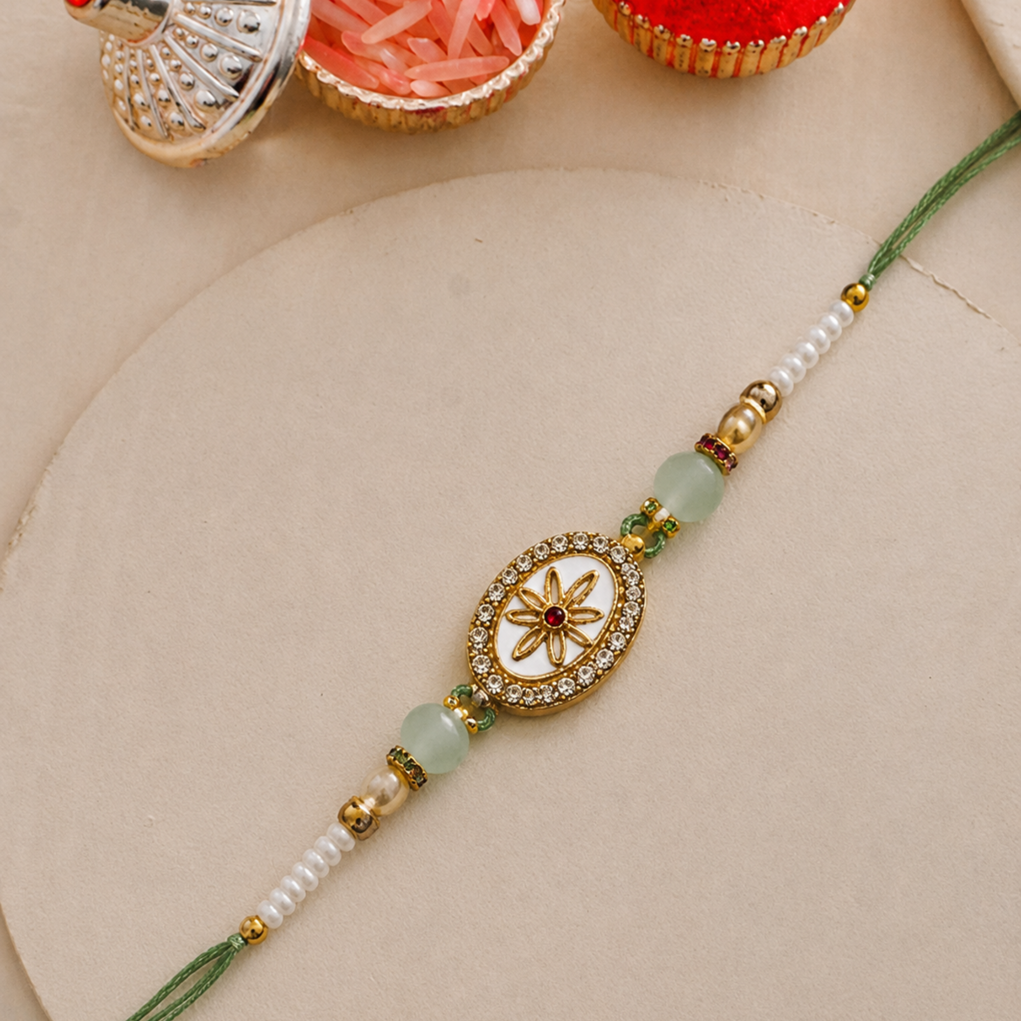 Celestial Bloom Pearl & Jade Rakhi