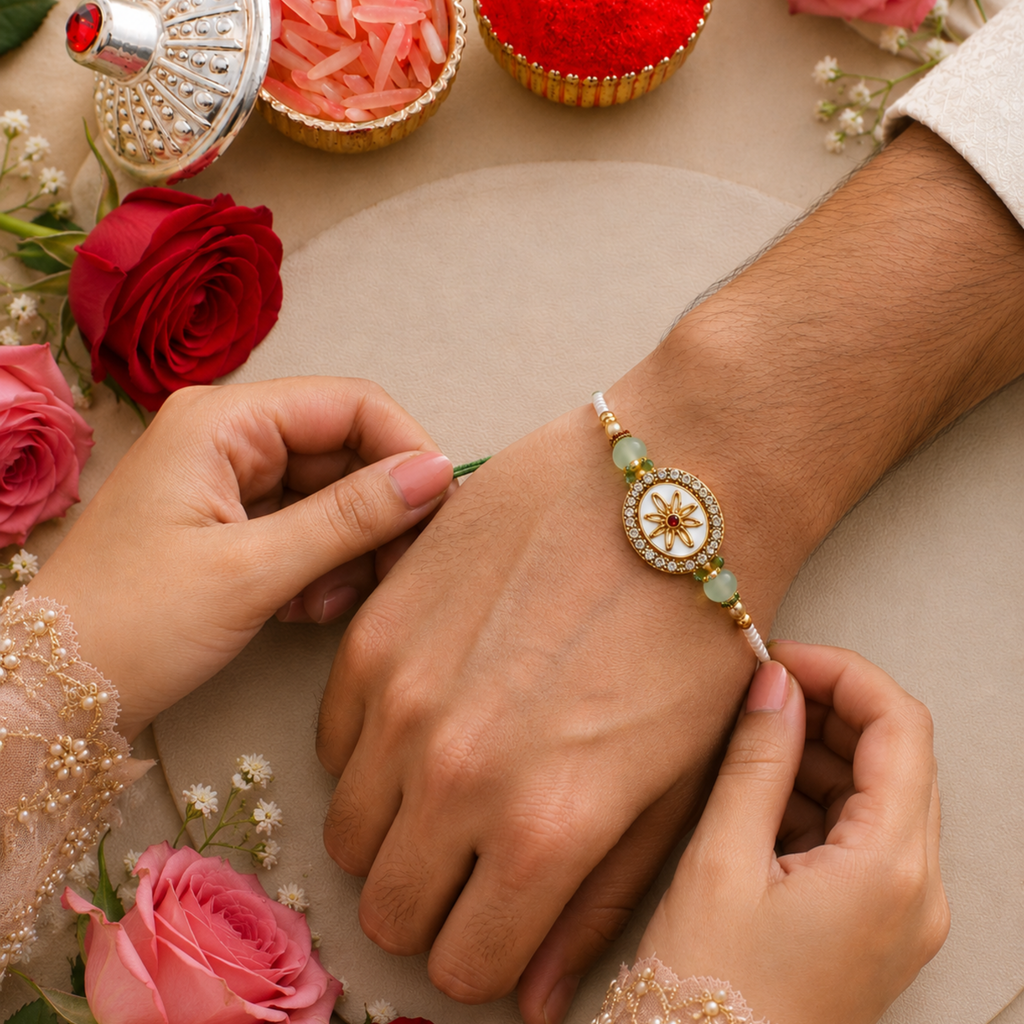 Celestial Bloom Pearl & Jade Rakhi