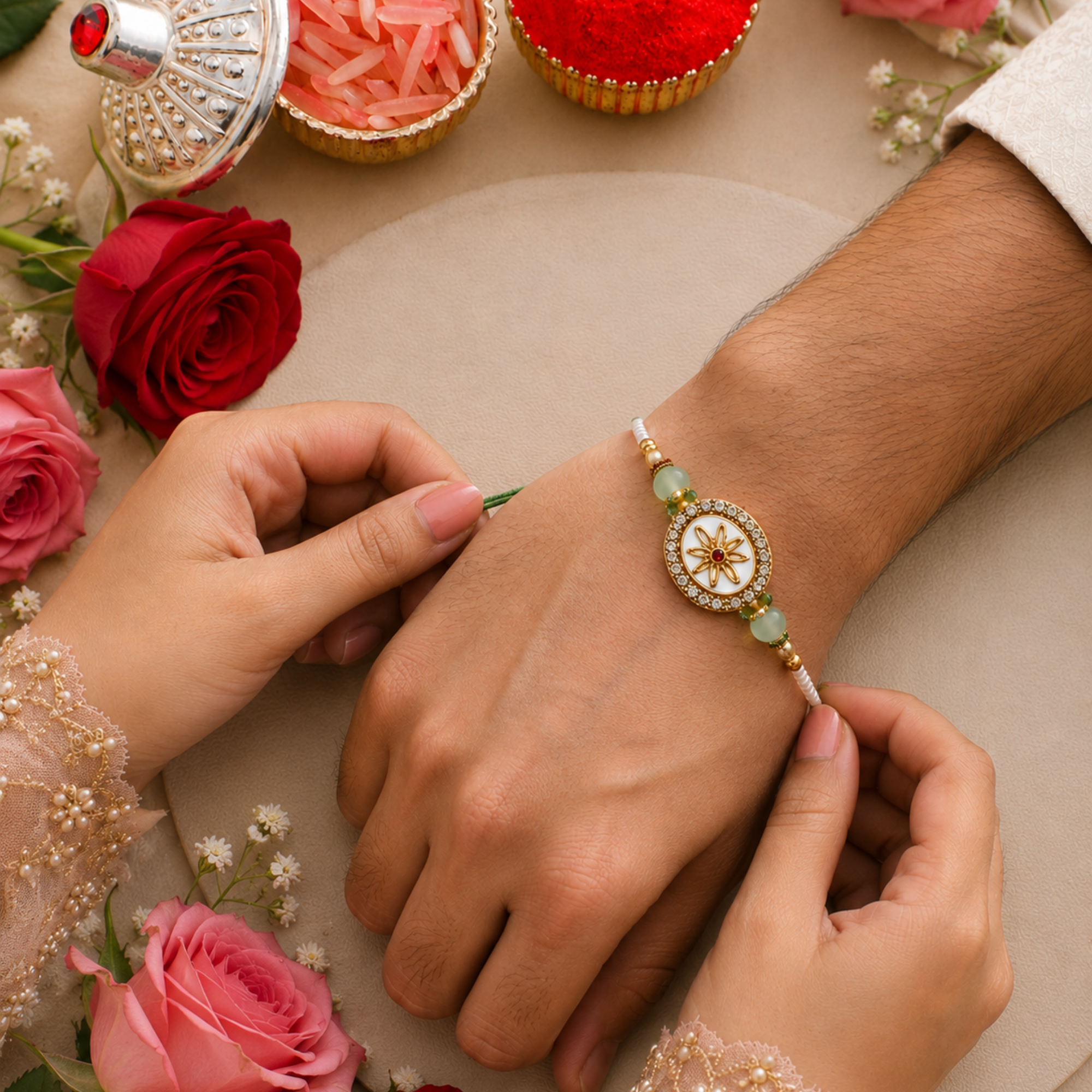 Celestial Bloom Pearl & Jade Rakhi