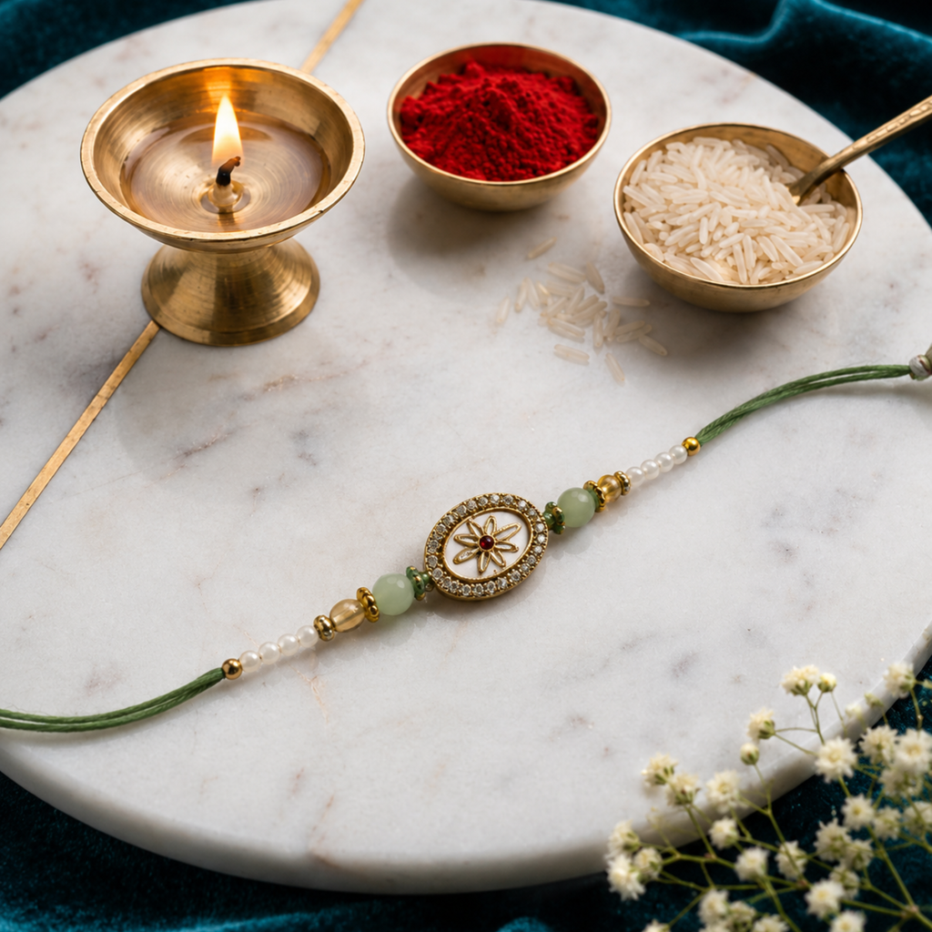 Celestial Bloom Pearl & Jade Rakhi