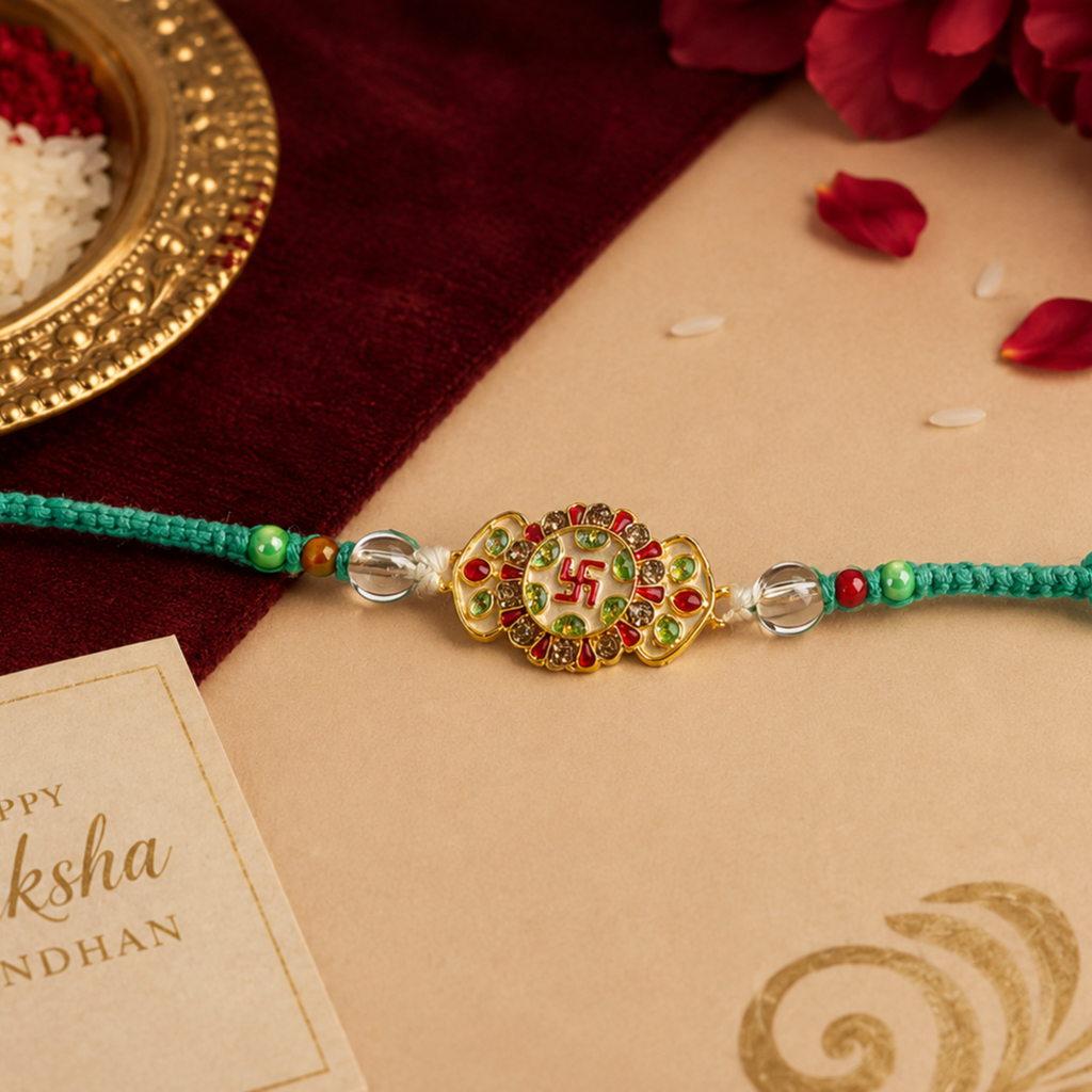 Auspicious Swastik Designer Rakhi with Crystal Beads