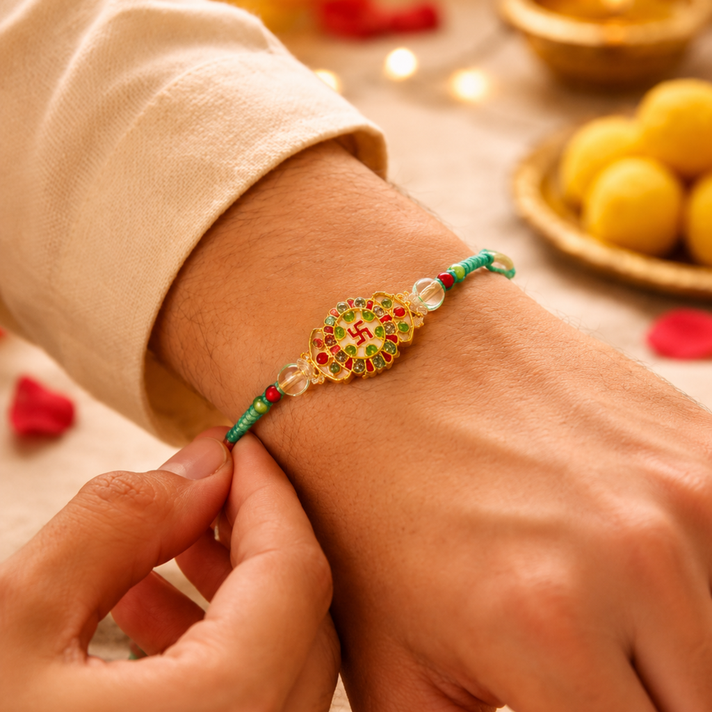 Auspicious Swastik Designer Rakhi with Crystal Beads