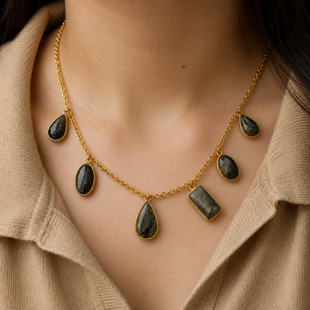 Labradorite Multi Drop Gold Chain Necklace