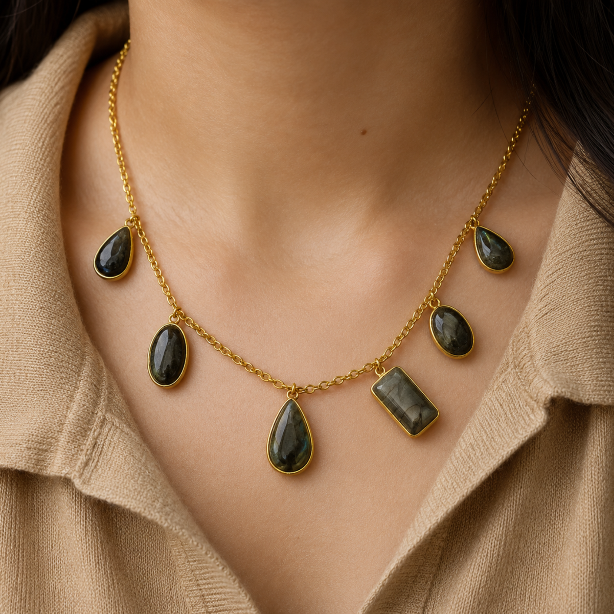 Labradorite Multi Drop Gold Chain Necklace