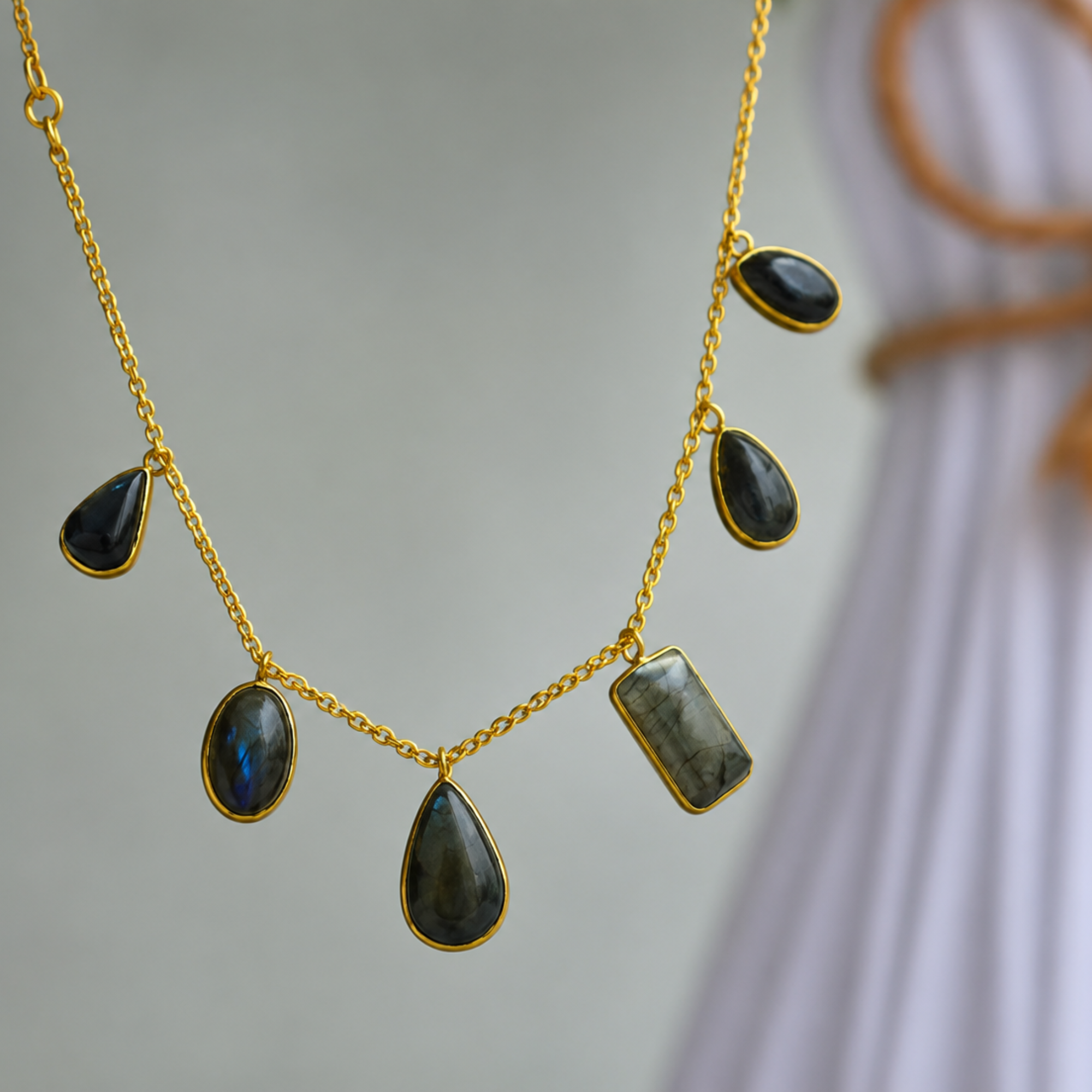 Labradorite Multi Drop Gold Chain Necklace