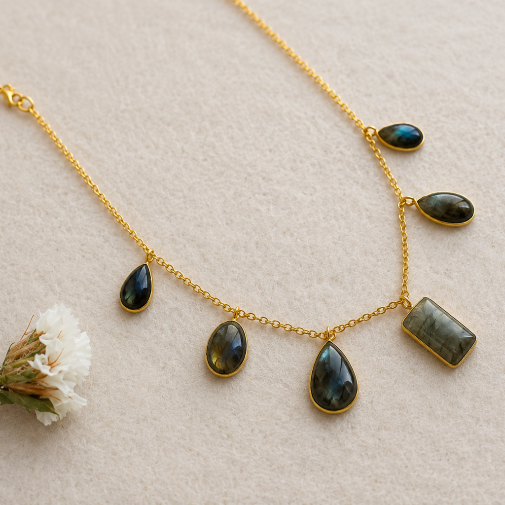 Labradorite Multi Drop Gold Chain Necklace
