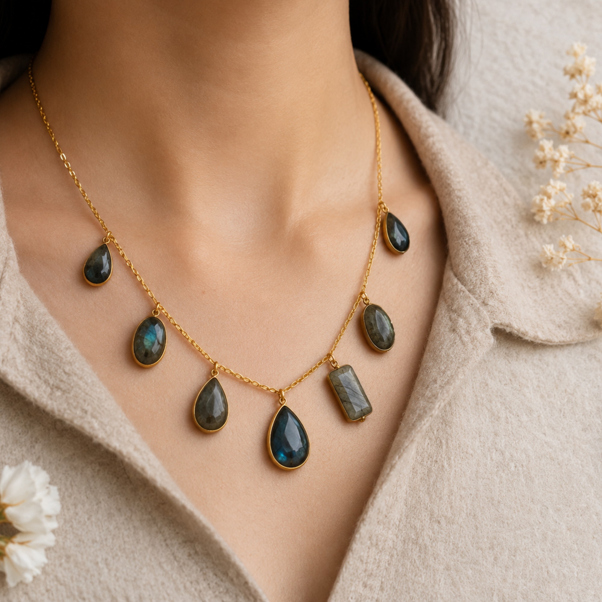 Labradorite Multi Drop Gold Chain Necklace