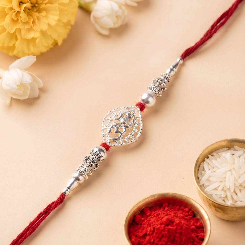 Silver Om Rakhi – Elegant Spiritual Thread