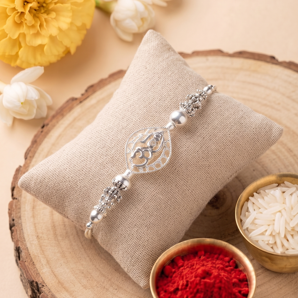 Silver Om Rakhi – Elegant Spiritual Thread