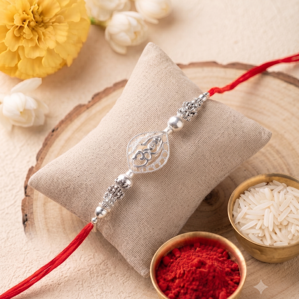 Silver Om Rakhi – Elegant Spiritual Thread