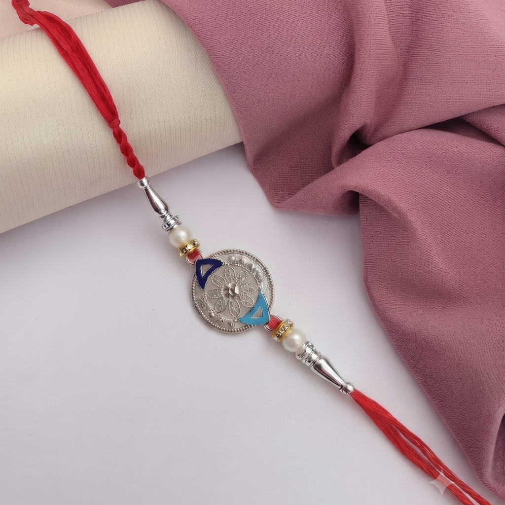 Silver Floral Designer Rakhi with Pearl Accents