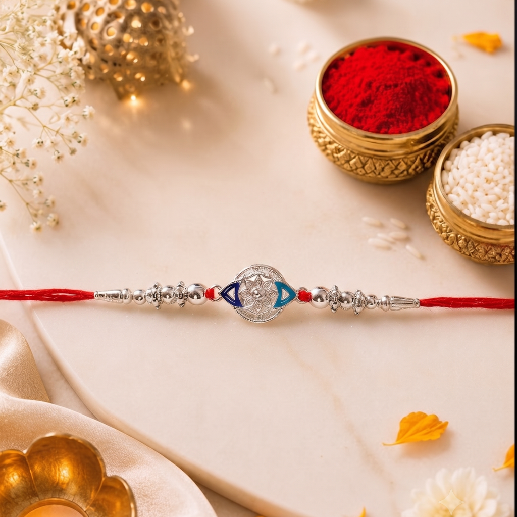 Silver Floral Designer Rakhi with Pearl Accents