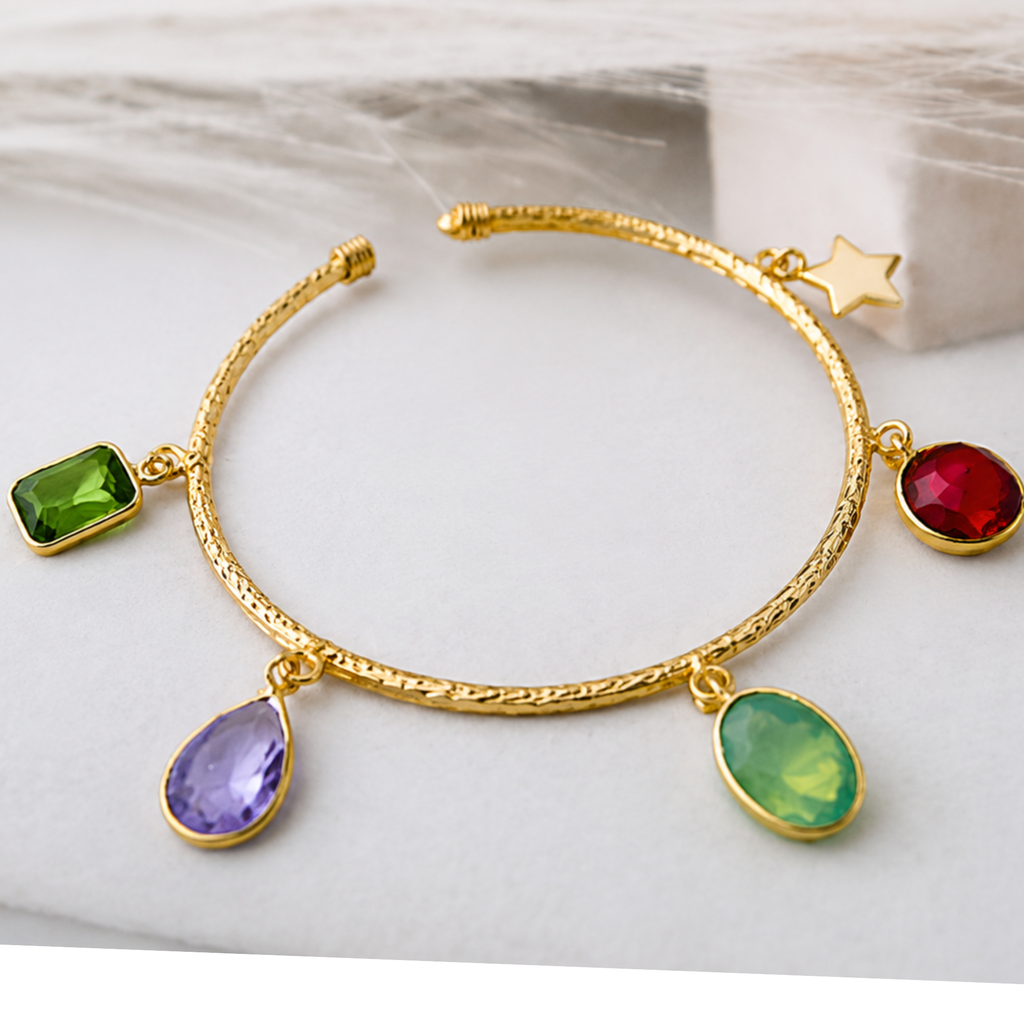Celestial Multicolor Charm Gold-Tone Open Bangle