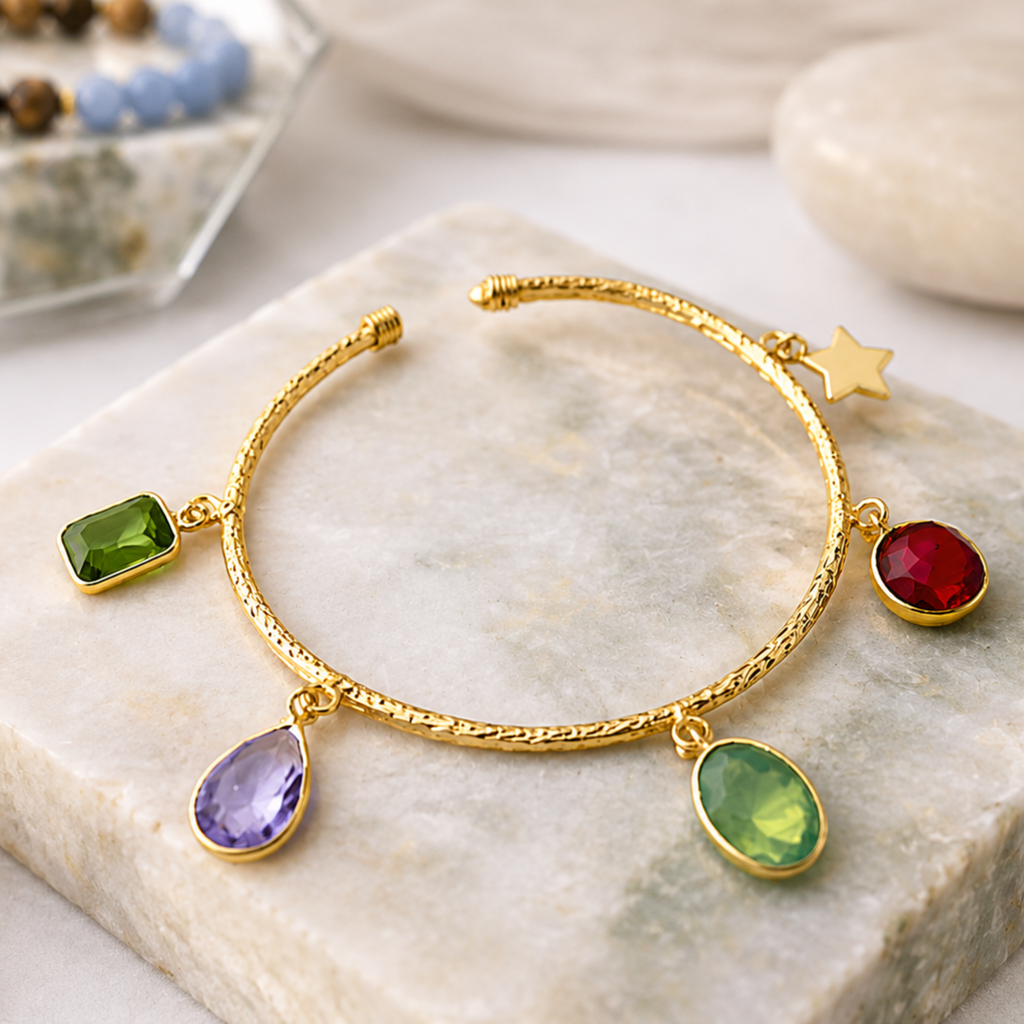 Celestial Multicolor Charm Gold-Tone Open Bangle