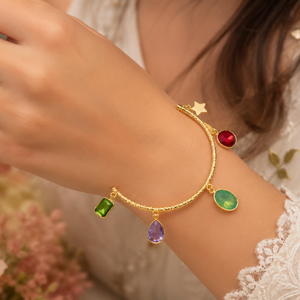 Celestial Multicolor Charm Gold-Tone Open Bangle