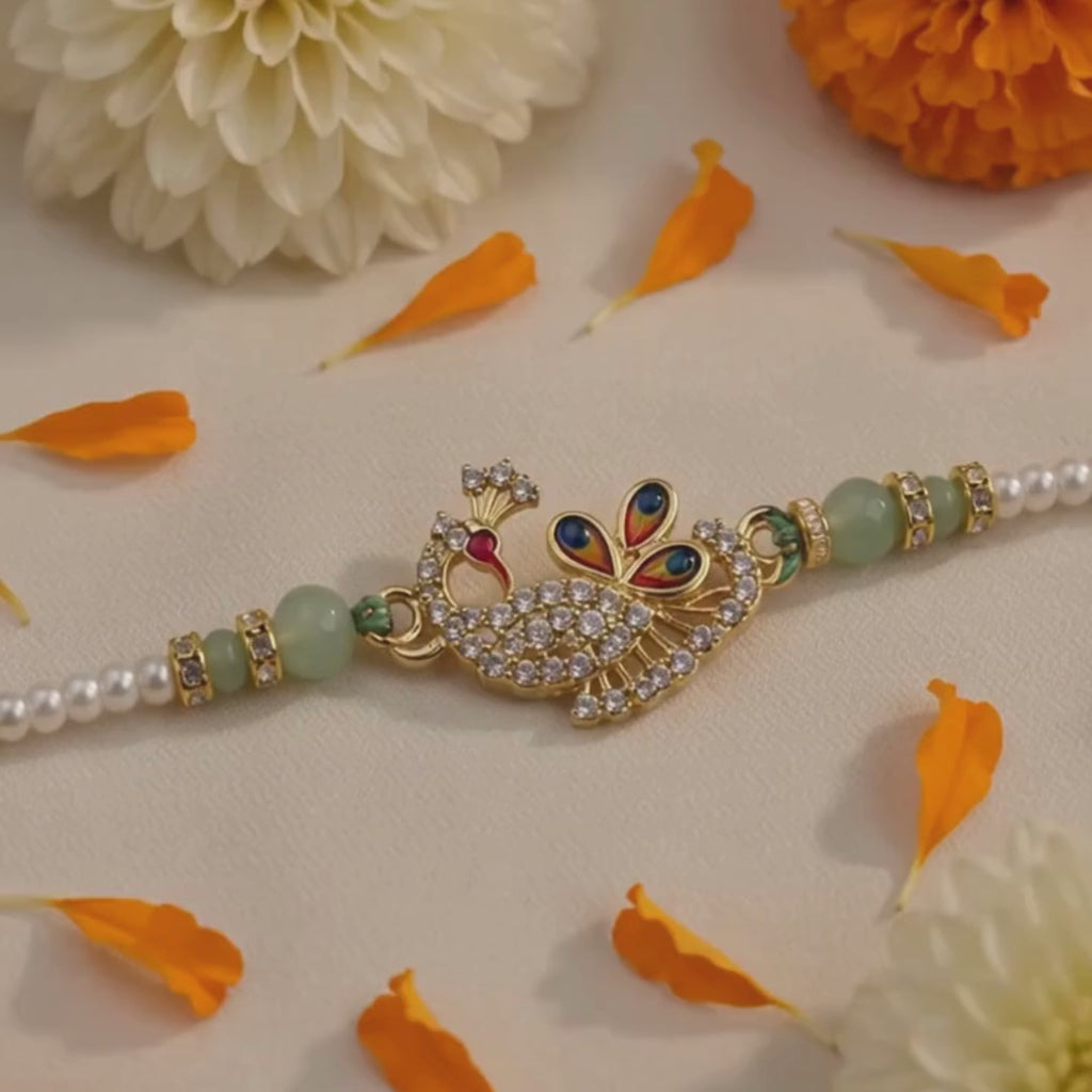 Royal Peacock CZ Designer Rakhi with Mint Beads