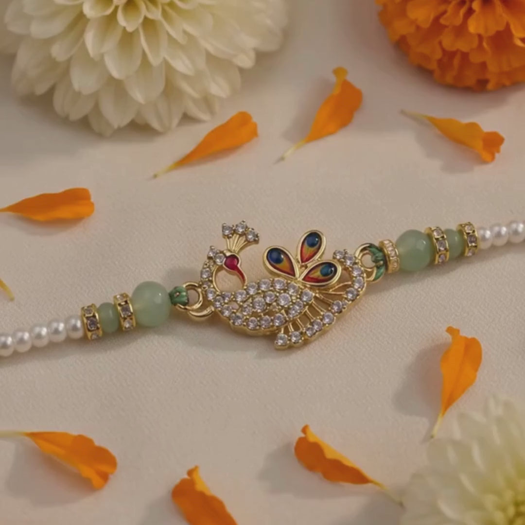 Royal Peacock CZ Designer Rakhi with Mint Beads